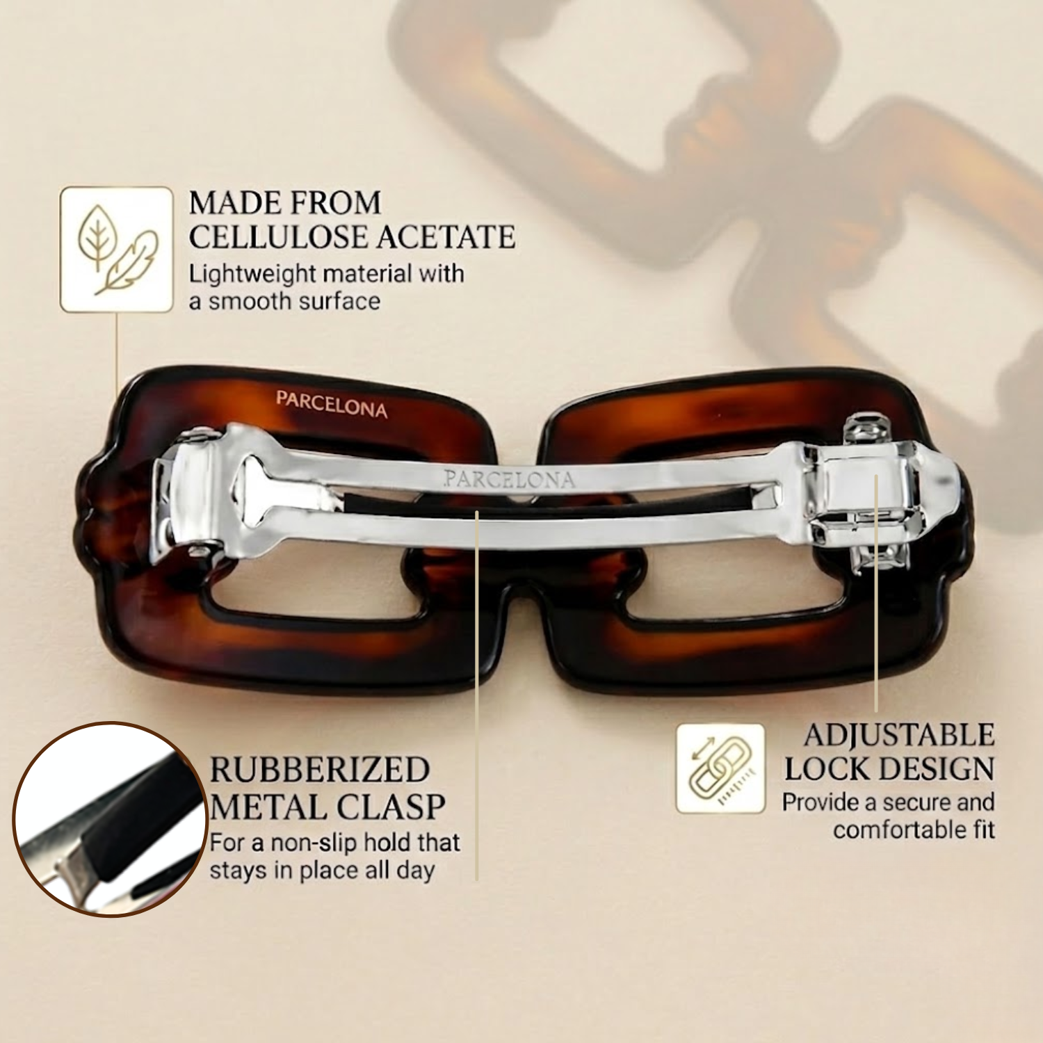 Parcelona French Eyeglass 3.25" Tortoise Shell No Slip Hair Clip Barrette Women