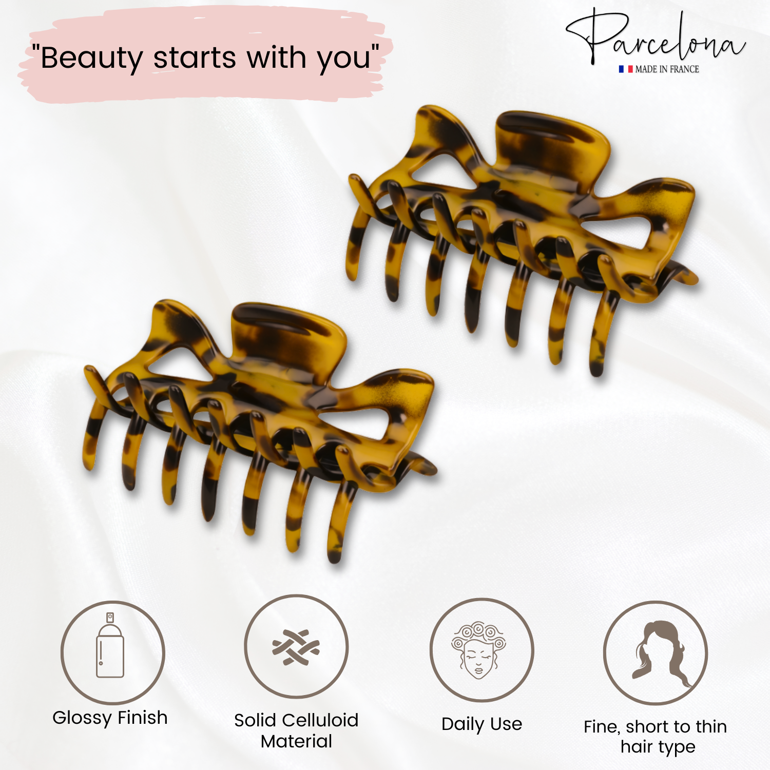 Parcelona French Classic Small 2.5" Celluloid Set of 2 Jaw Hair Claws for Women