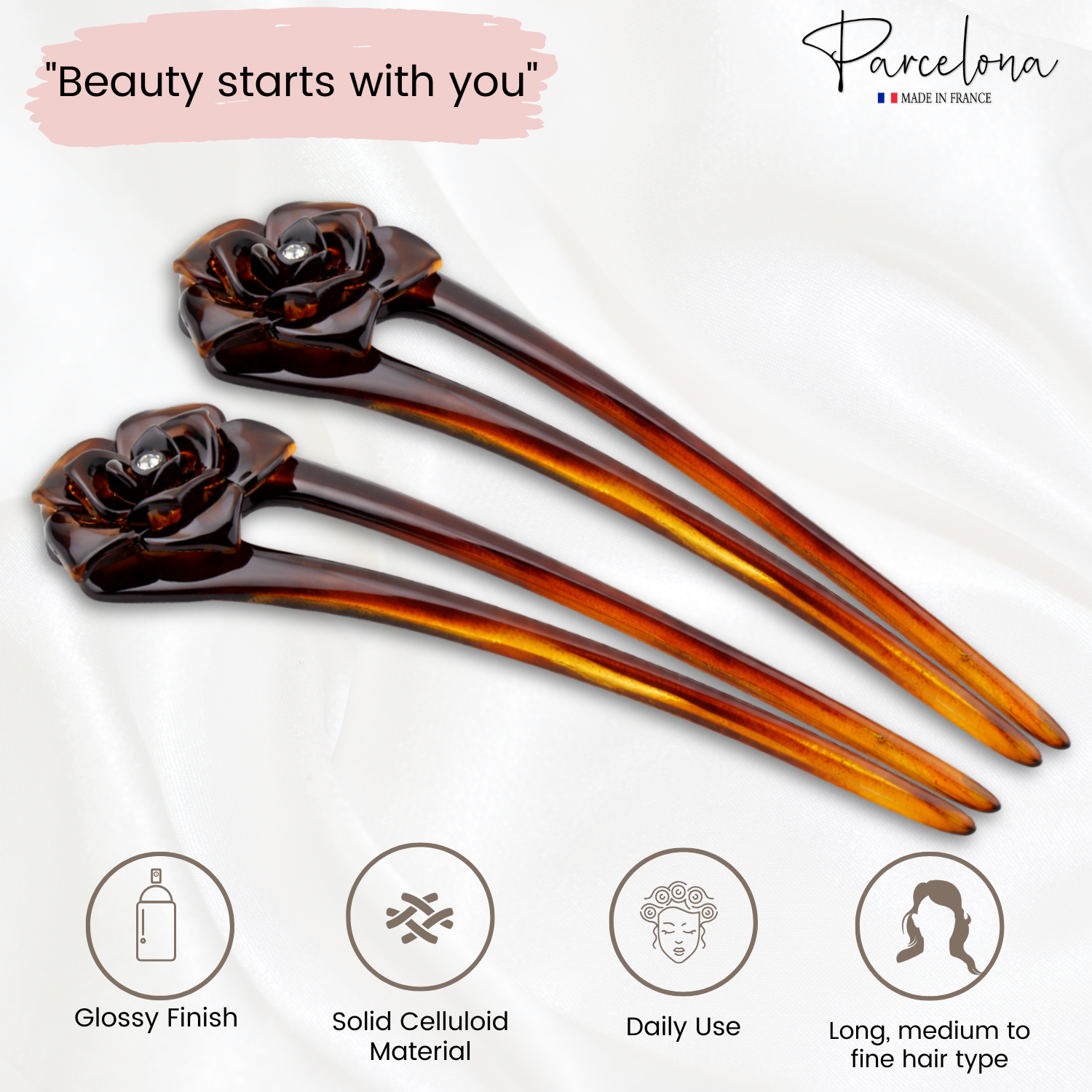 Parcelona French Large 5" U-Shaped Crystal Brown Cellulose Twist Stick Pin