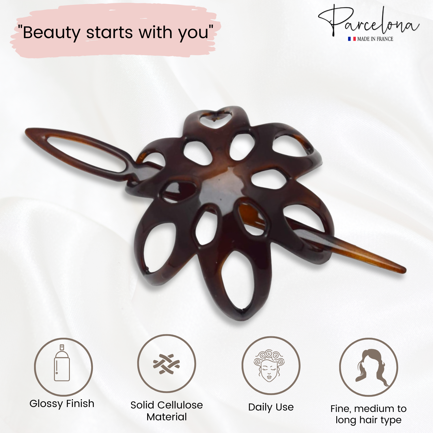 Parcelona French Fleur Small Shell Cellulose Acetate Hair Slider Bun Cover with Stick