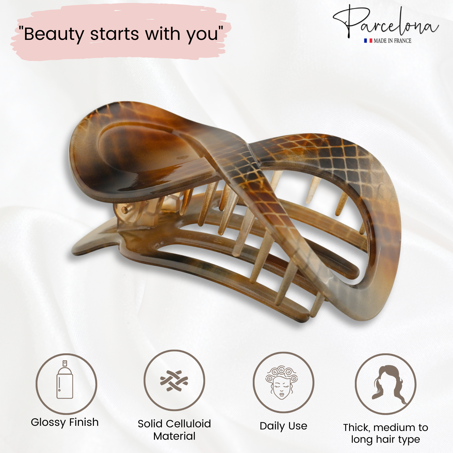 Parcelona French Infinity Loop Medium 3” Cellulose Hair Claw for Women and Girls