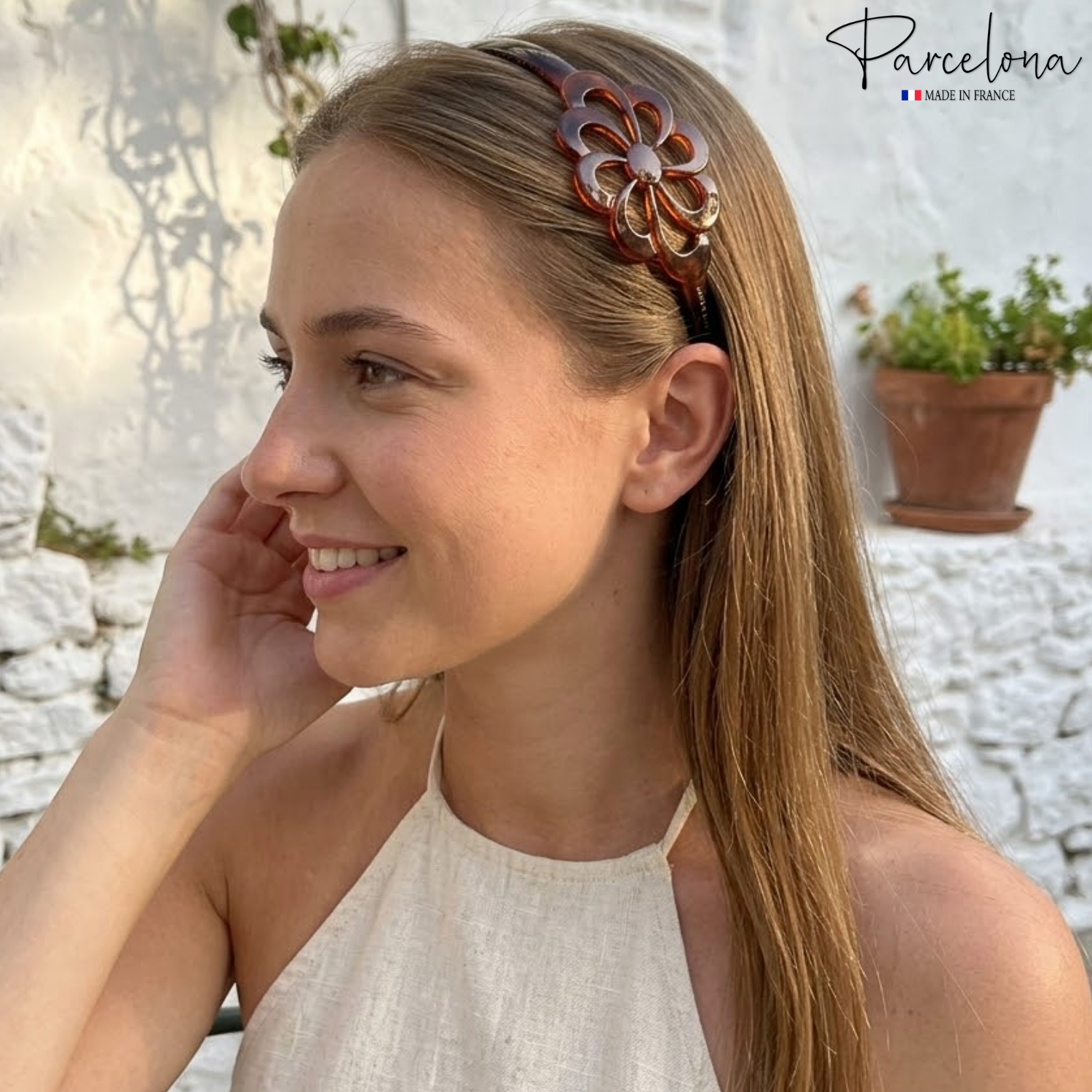 Parcelona French Wide Flower Tortoise Shell Brown Celluloid Acetate Headband