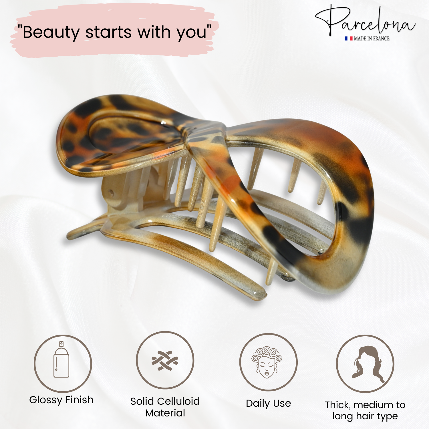 Parcelona French Infinity Loop Medium 3” Cellulose Hair Claw for Women and Girls