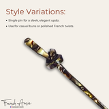 French Amie Knot Handmade 7" Onyx Cellulose Acetate Chignon Bun Hair Pin Stick
