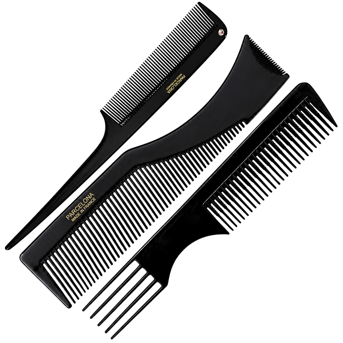 Parcelona French Salon Hair Comb Set of 3 Black Rat Tail Teasing Styling Combs