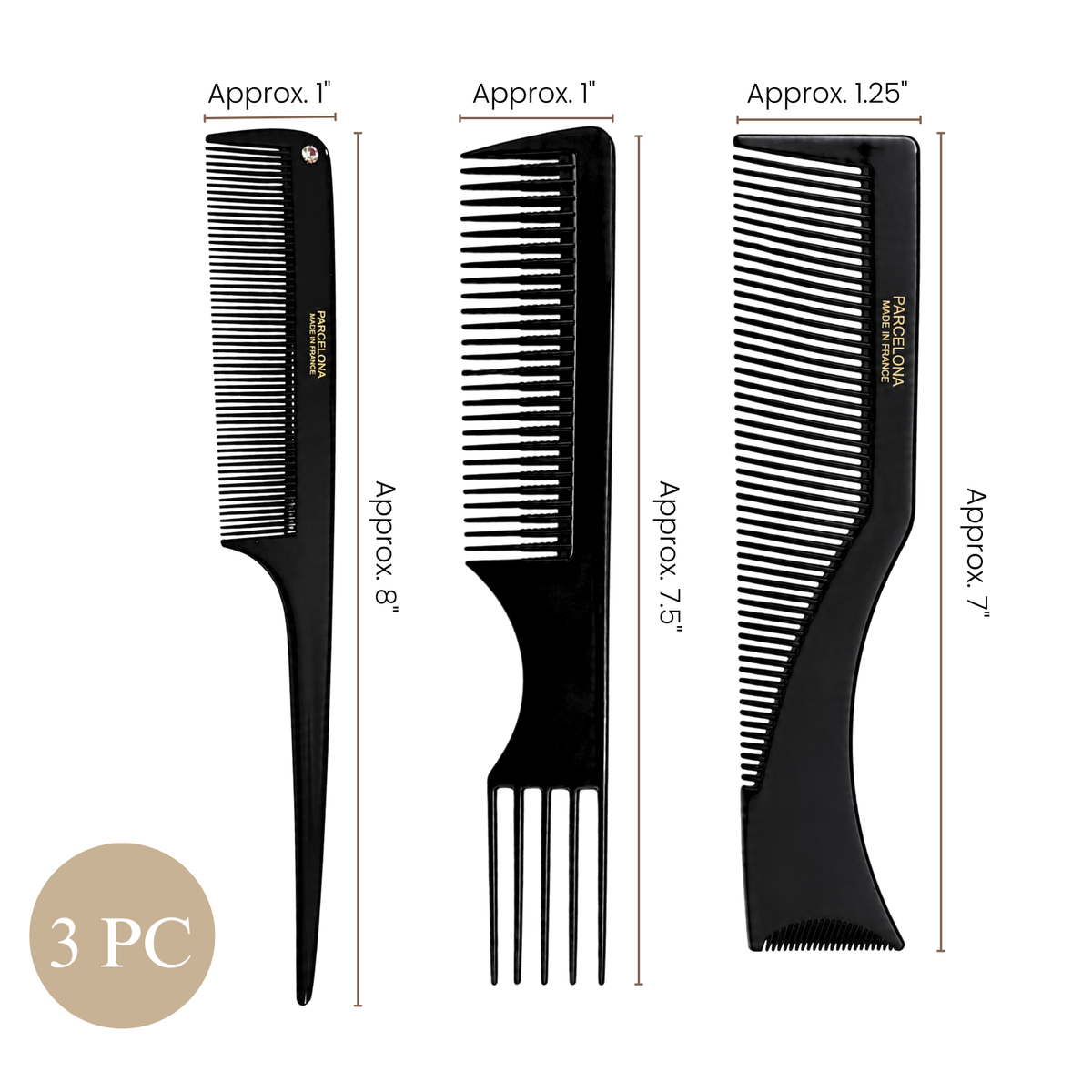 Parcelona French Salon Hair Comb Set of 3 Black Rat Tail Teasing Styling Combs