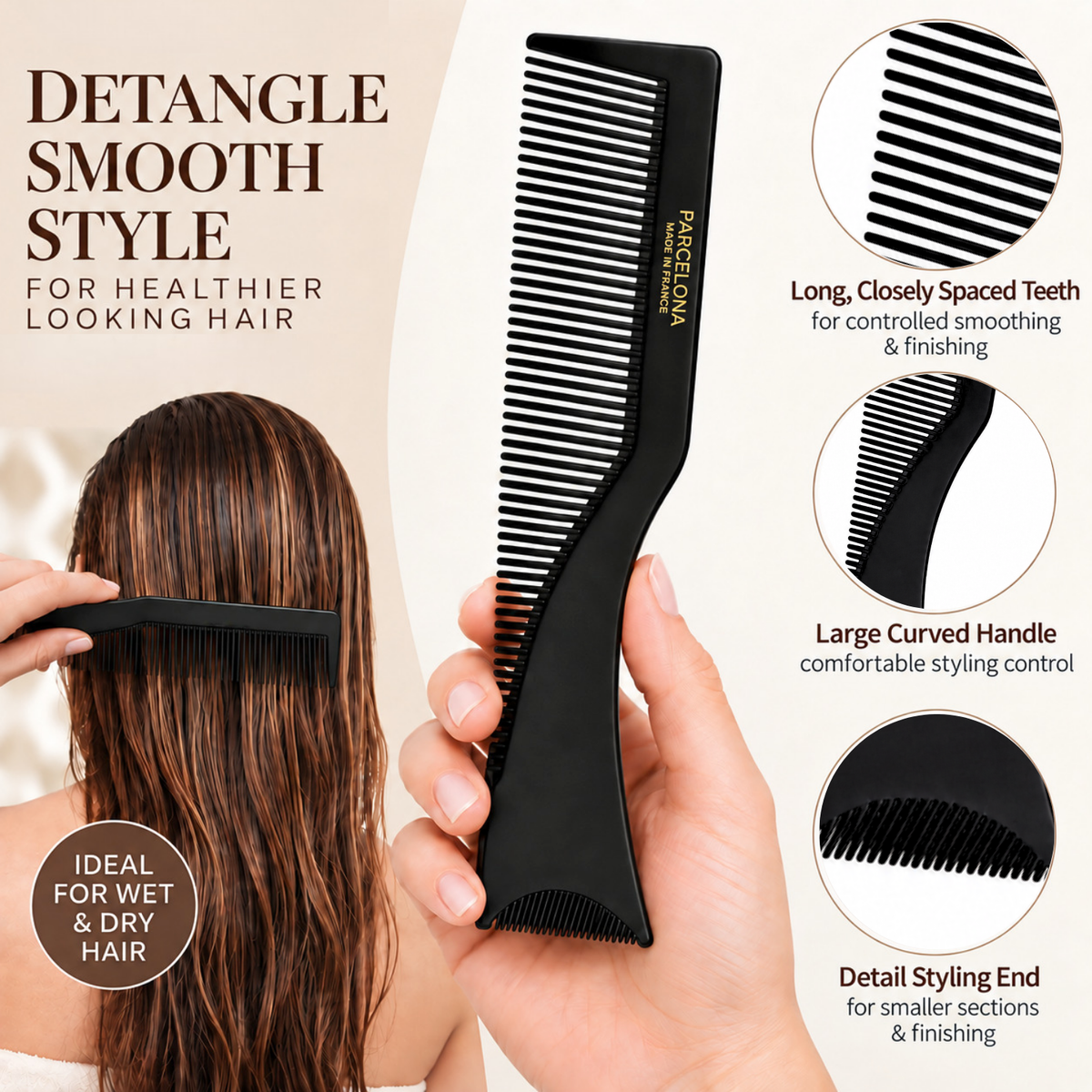 Parcelona French Salon Hair Comb Set of 3 Black Rat Tail Teasing Styling Combs