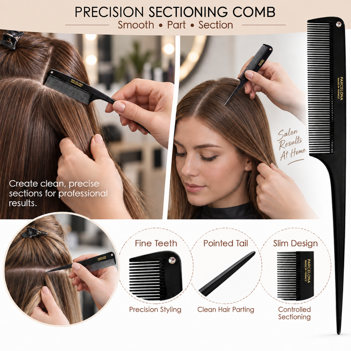 Parcelona French Salon Hair Comb Set of 3 Black Rat Tail Teasing Styling Combs