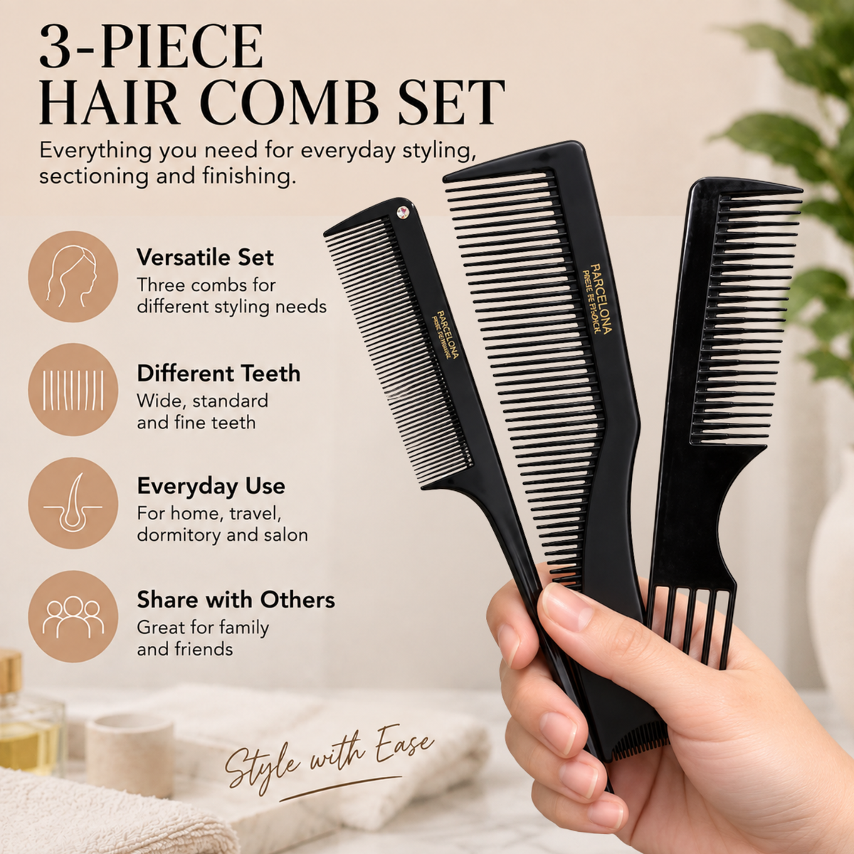 Parcelona French Salon Hair Comb Set of 3 Black Rat Tail Teasing Styling Combs