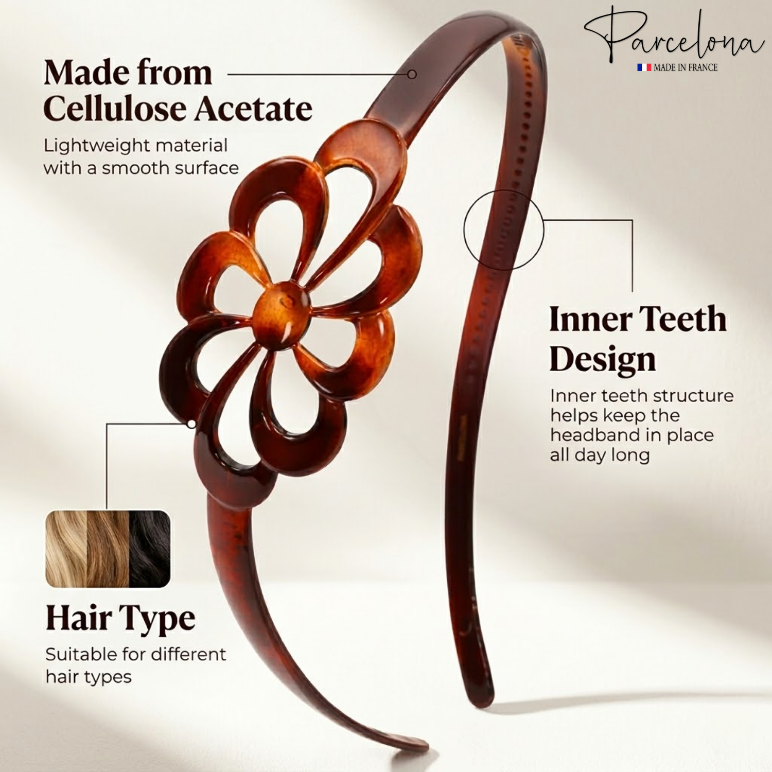 Parcelona French Wide Flower Tortoise Shell Brown Cellulose Acetate Headband