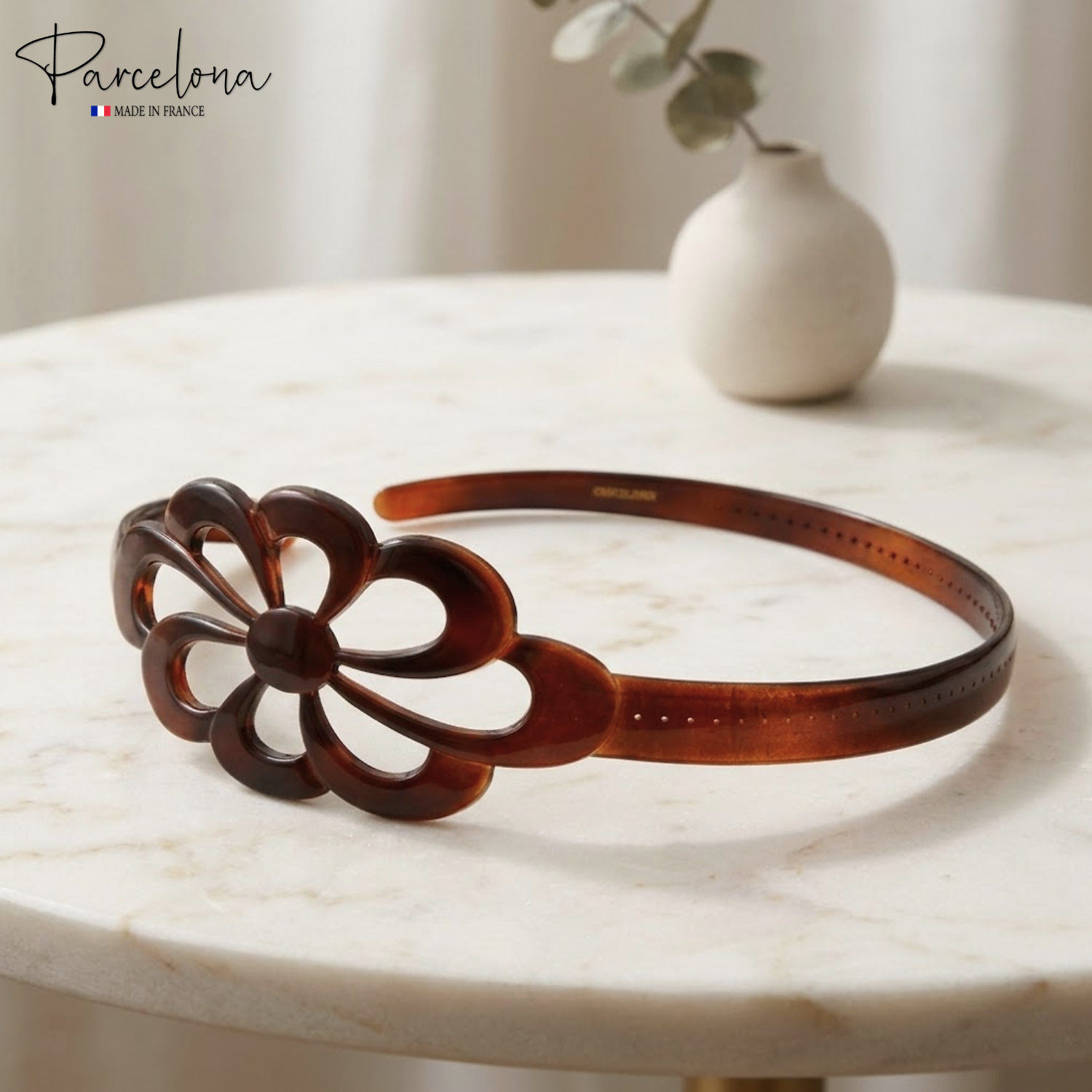 Parcelona French Wide Flower Tortoise Shell Brown Cellulose Acetate Headband