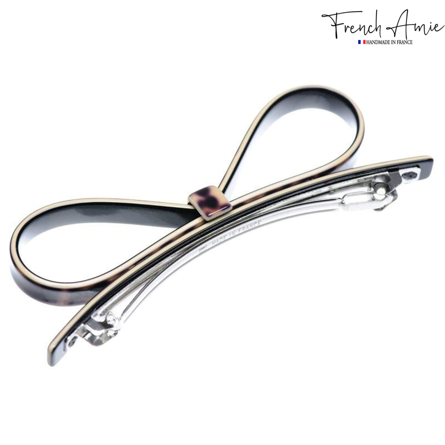 French Amie Sleek Bow Leopard Brown Large Handmade Cellulose Hair Clip Barrette