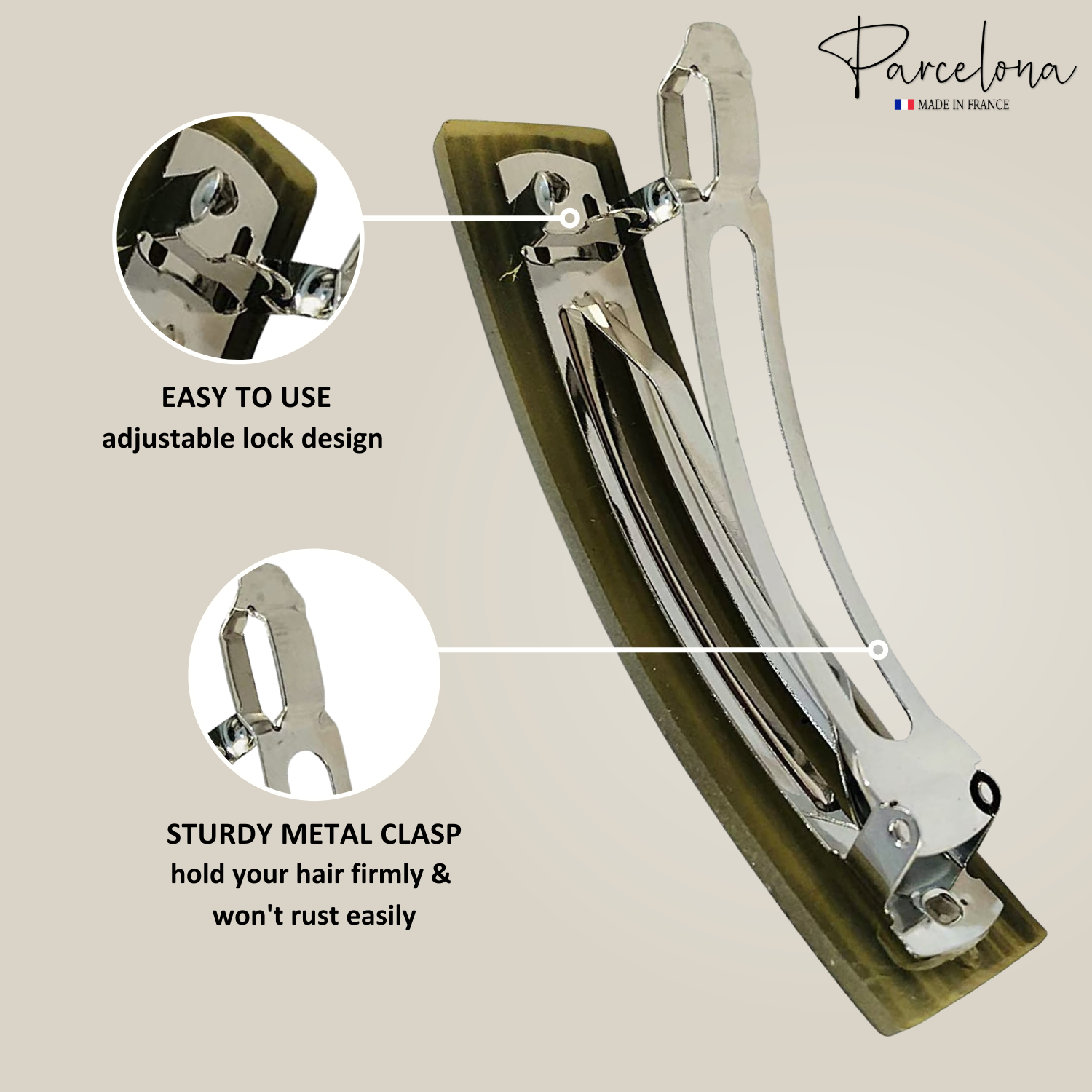 Parcelona Oblong Grey Beige 3.5 Inch Cellulose Automatic Hair Clip Hair Barrette