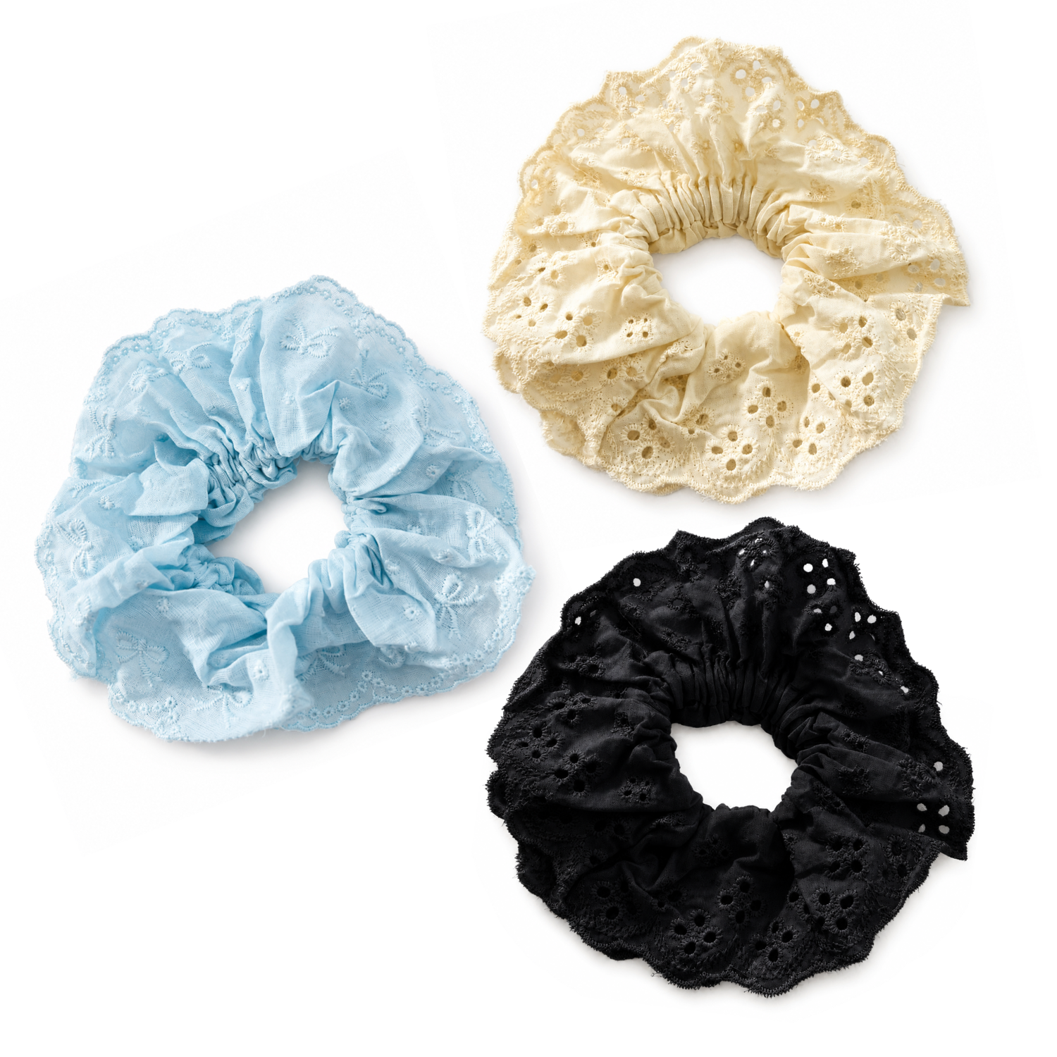 Moeni Rosette Beige Blue Black Extra Large Eyelet Lace Scrunchie Set of 3