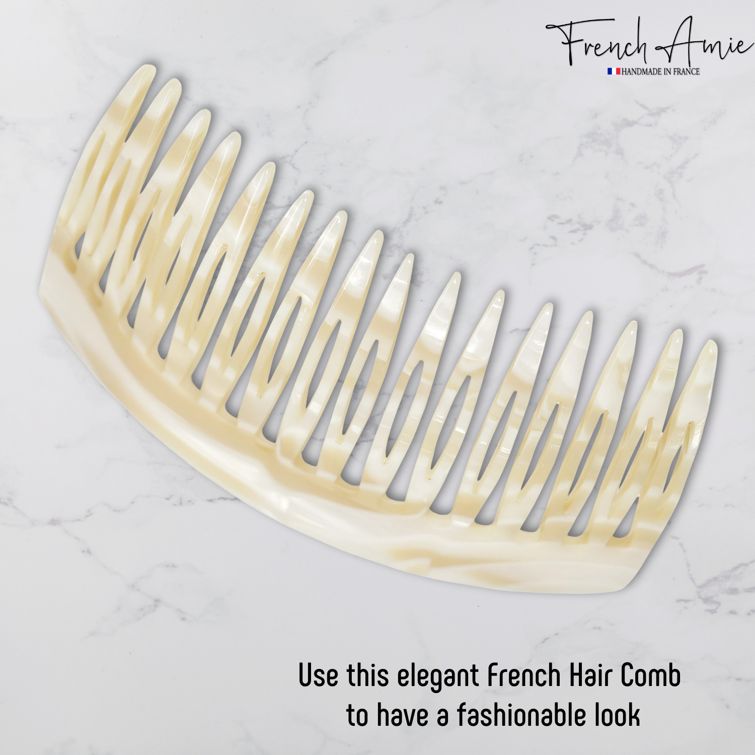 French Amie Handmade Ivory Cream Medium Celluloid 16 Teeth Side Hair Comb