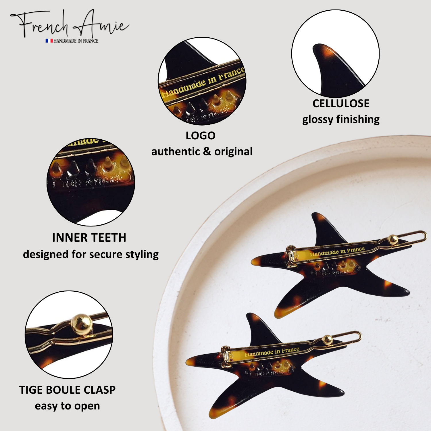French Amie Star Fish Small Hair Clips Cellulose Acetate Beach Barrette Slide Set of 2