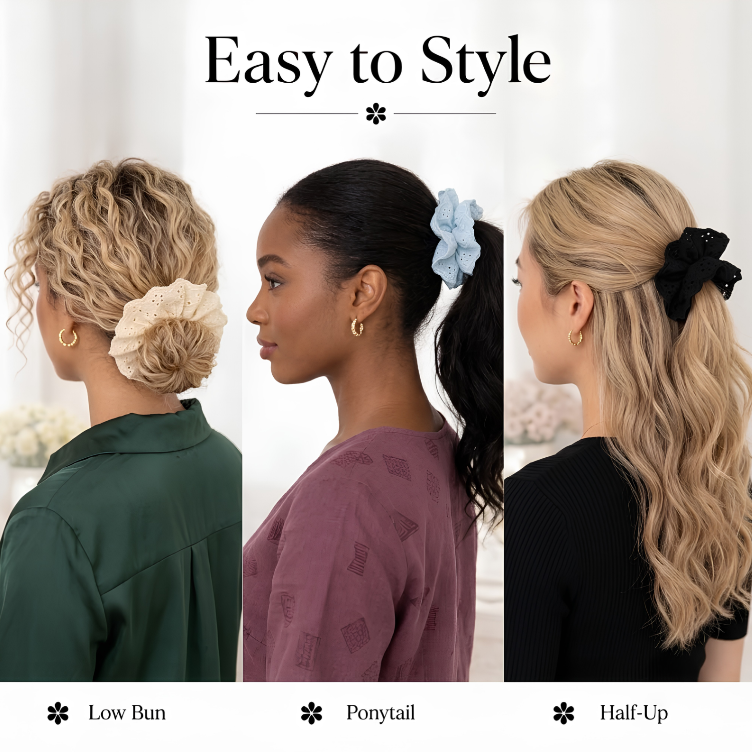 Moeni Rosette Beige Blue Black Extra Large Eyelet Lace Scrunchie Set of 3