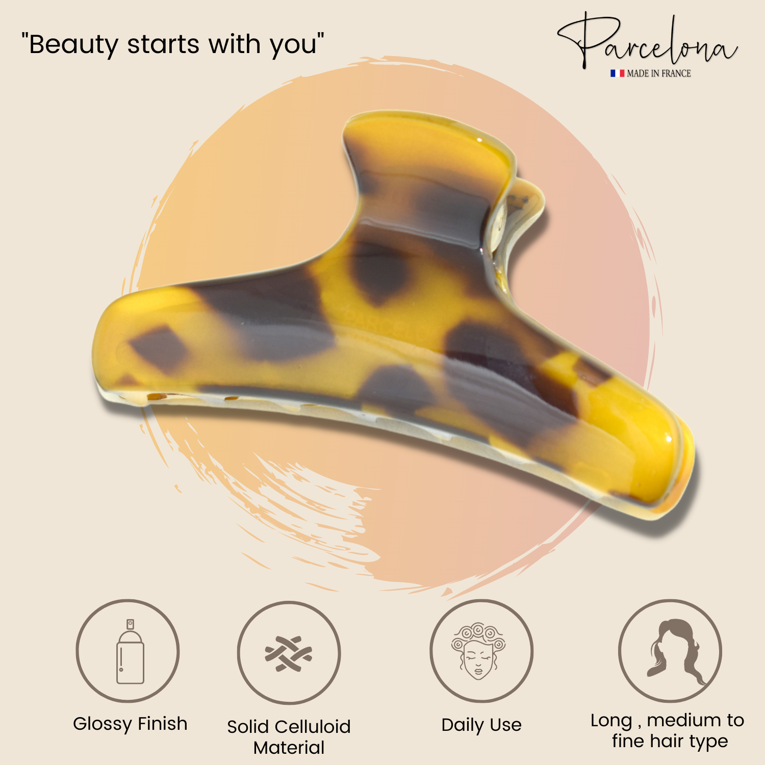 Parcelona French Flat Salon Style Medium 3 1/4" Celluloid Hair Claw for Women
