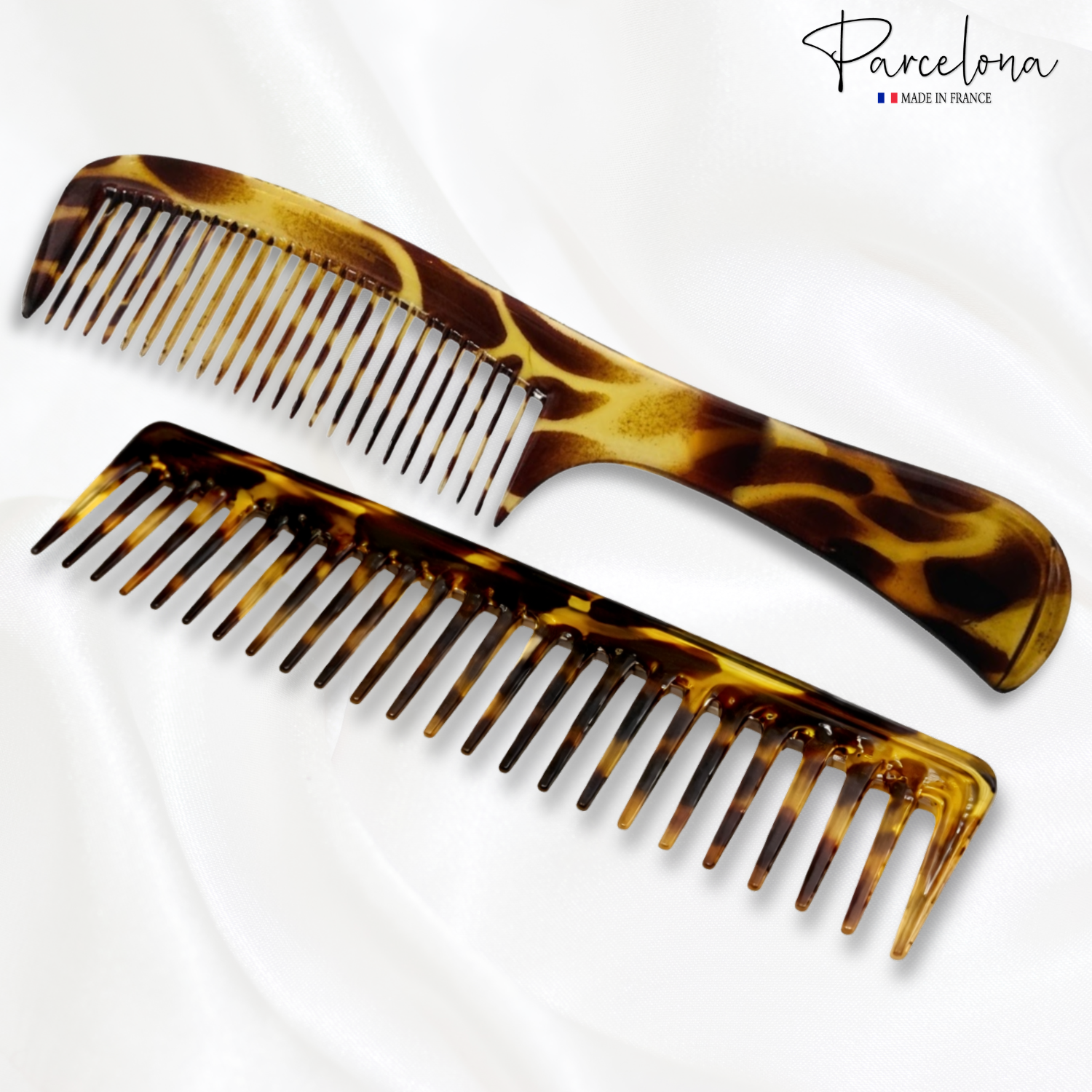 Parcelona 2pc Wide Tooth Comb Set French Cellulose Acetate Hair Detangler Combs