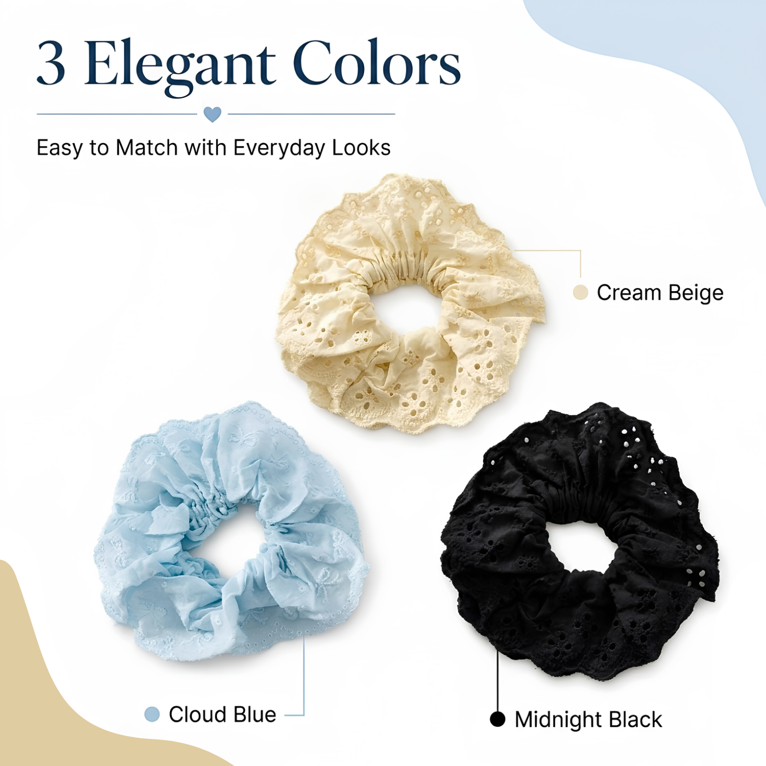 Moeni Rosette Beige Blue Black Extra Large Eyelet Lace Scrunchie Set of 3
