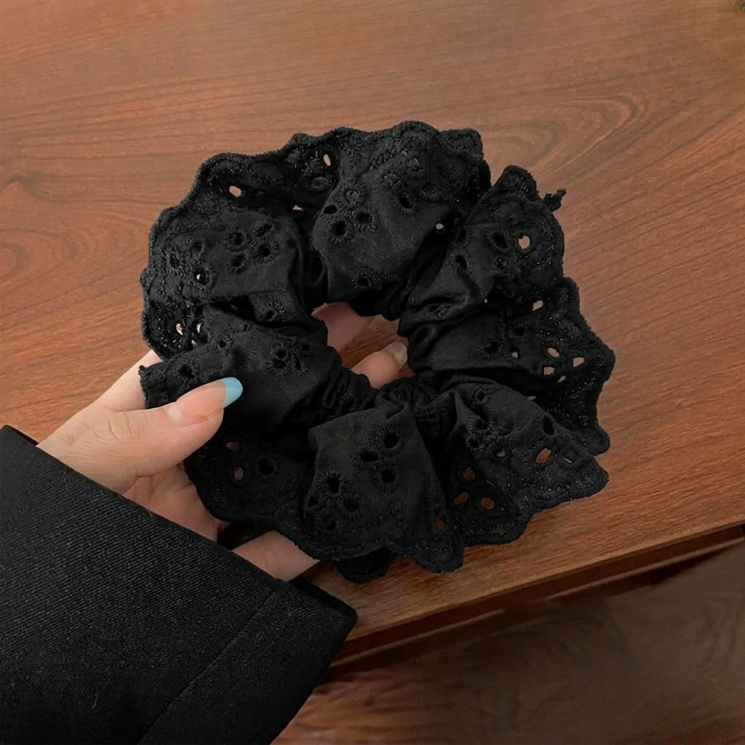 Moeni Rosette Beige Blue Black Extra Large Eyelet Lace Scrunchie Set of 3