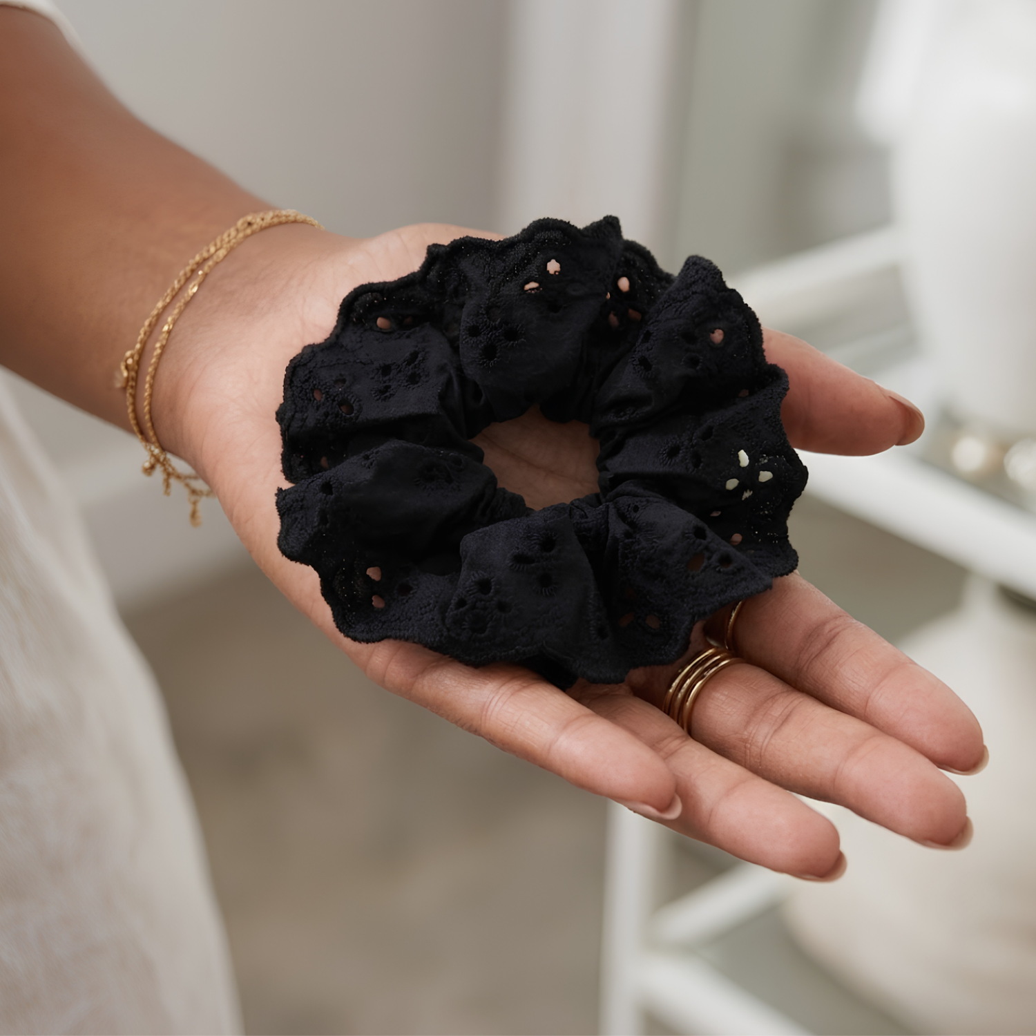 Moeni Rosette Beige Blue Black Extra Large Eyelet Lace Scrunchie Set of 3