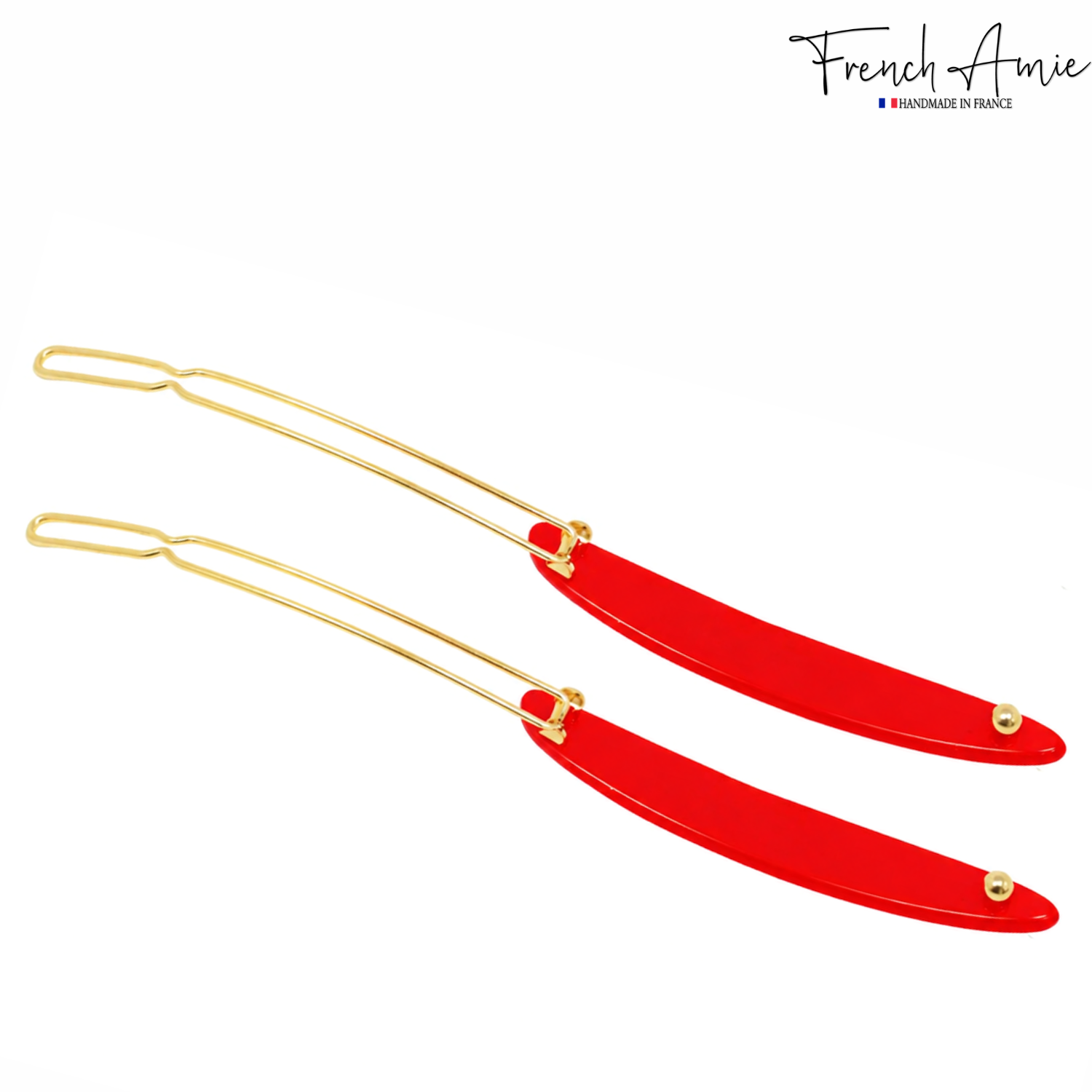 French Amie Narrow Oblong Small Hair Clip - Tige Boule Women Barrette Set Of 2