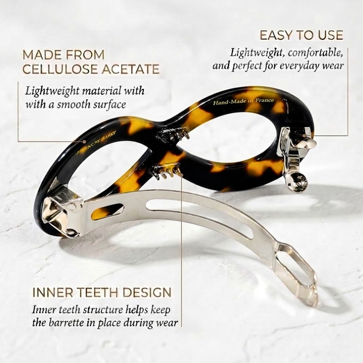 French Amie Infinity Loop Medium Hair Barrette 3" Cellulose Handmade Women Clip
