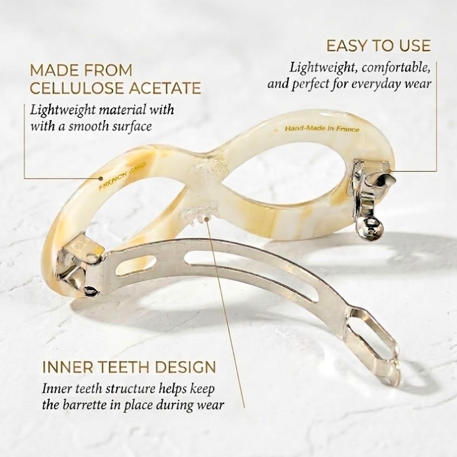 French Amie Infinity Loop Medium Hair Barrette 3" Cellulose Handmade Women Clip
