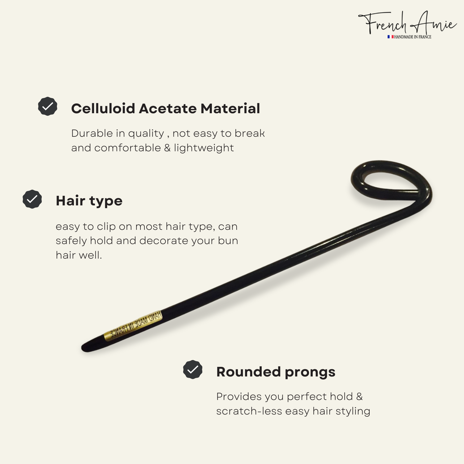 French Amie Cle Handmade Black Cellulose Chignon Bun Hair Pin Stick 6 Inches