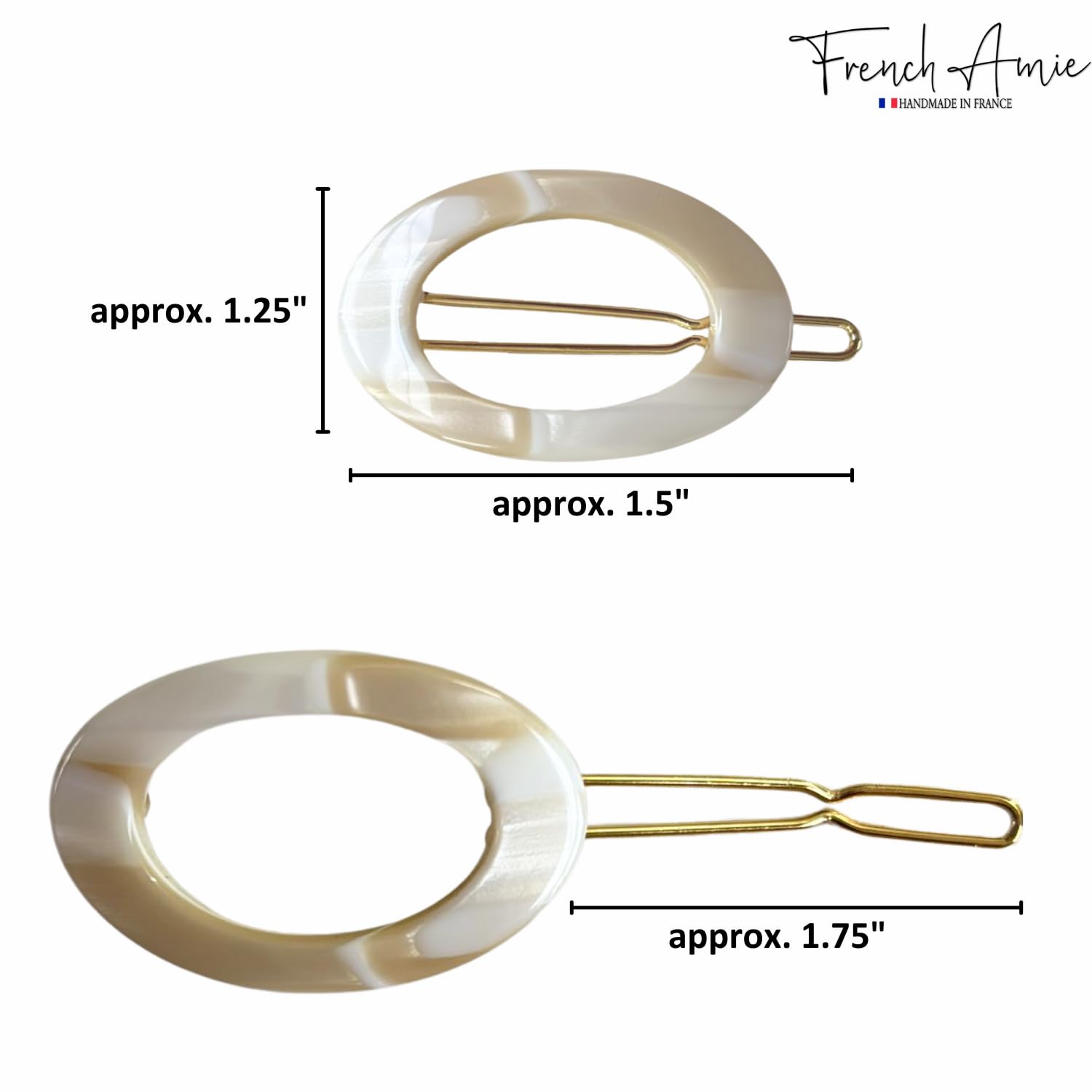 French Amie Oval Hoop Small 1 1/4” Celluloid Handmade Hair Barrette Clips(2 Pcs)