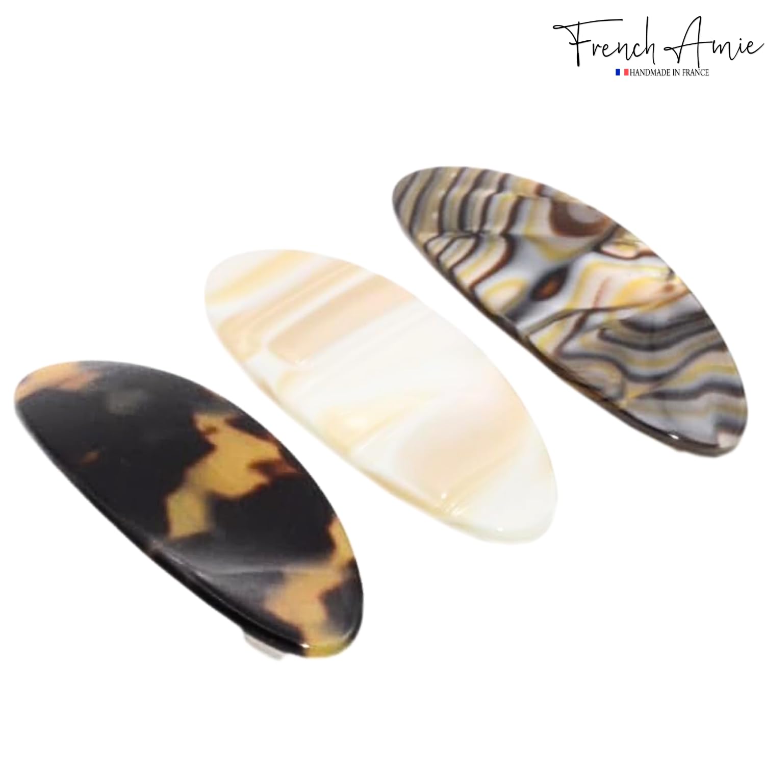 French Amie Oval Small Set of 3 Handmade Celluloid Hair Clip Barrette for Girls