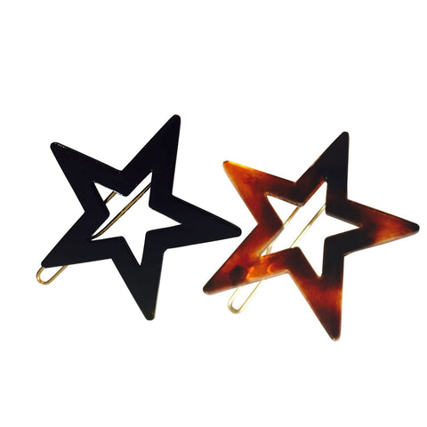 Parcelona French Twin Star Set of 2 Brown Shell N Black Celluloid Snap Hair Pins