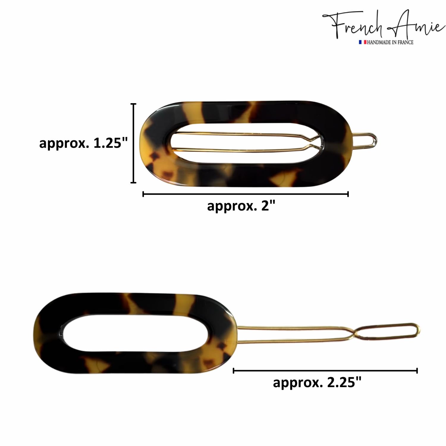 French Amie Mini Oval 2” Celluloid Handmade Snap Tige Boule Hair Clips