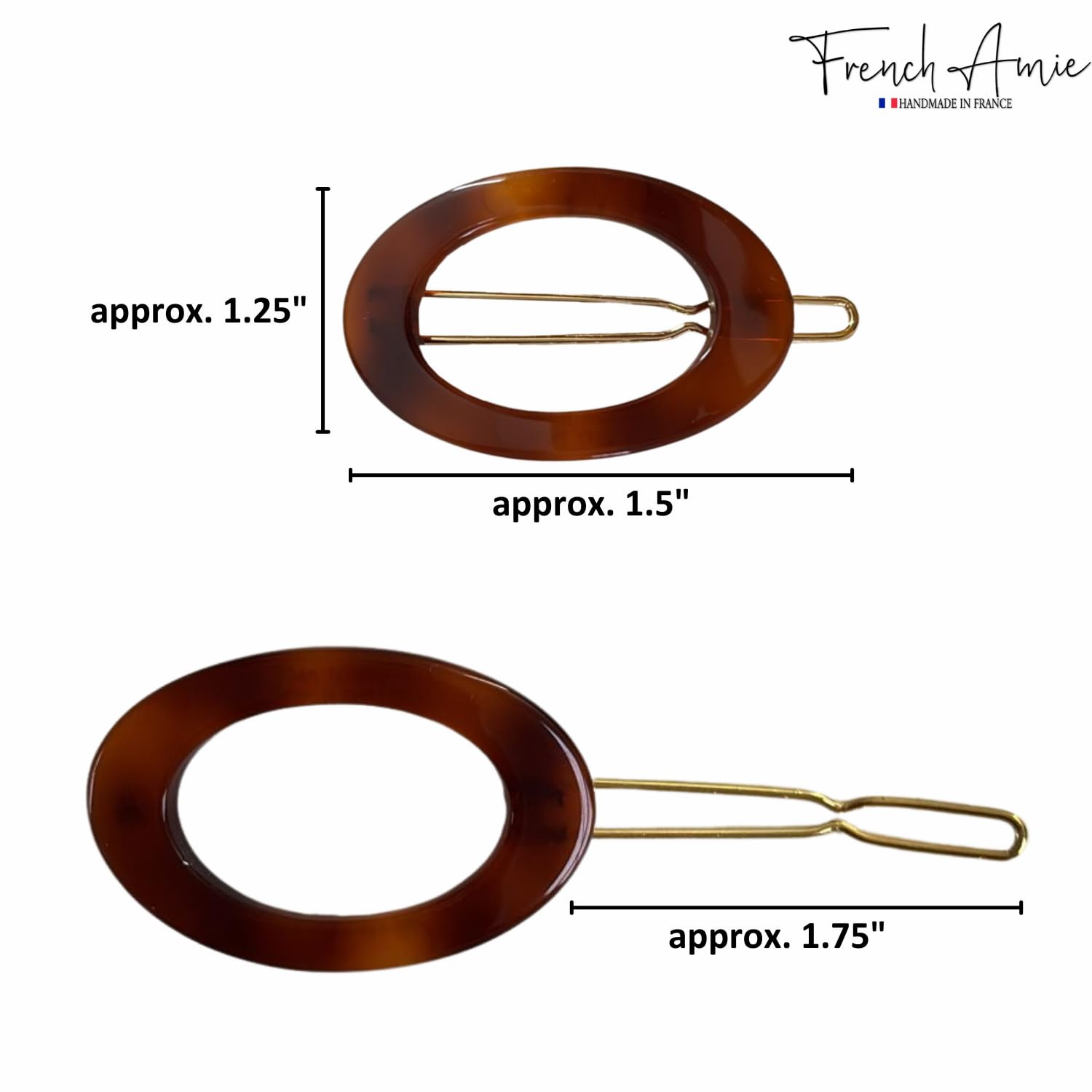 French Amie Oval Hoop Small 1 1/4” Celluloid Handmade Hair Barrette Clips(2 Pcs)
