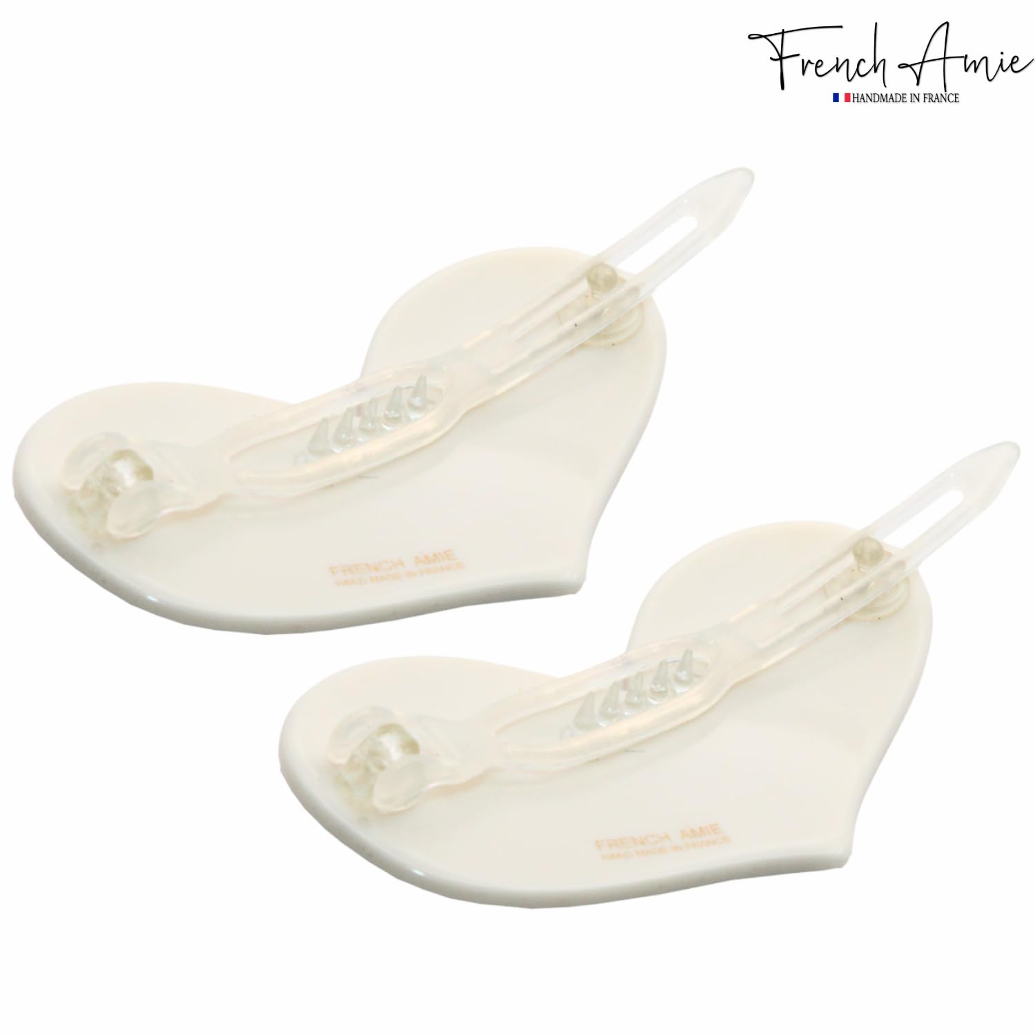 French Amie Cupid Hearts Small Celluloid Metal Free Snap Hair Clips - 2 Pcs
