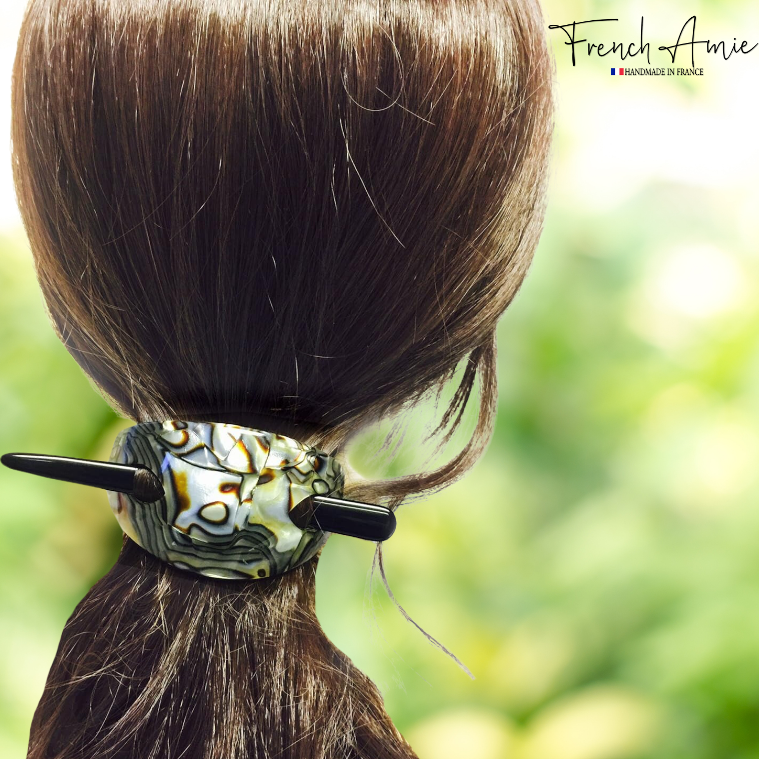 French Amie Oval Arch Handmade Celluloid Hair Bun Cover with Stick for Women