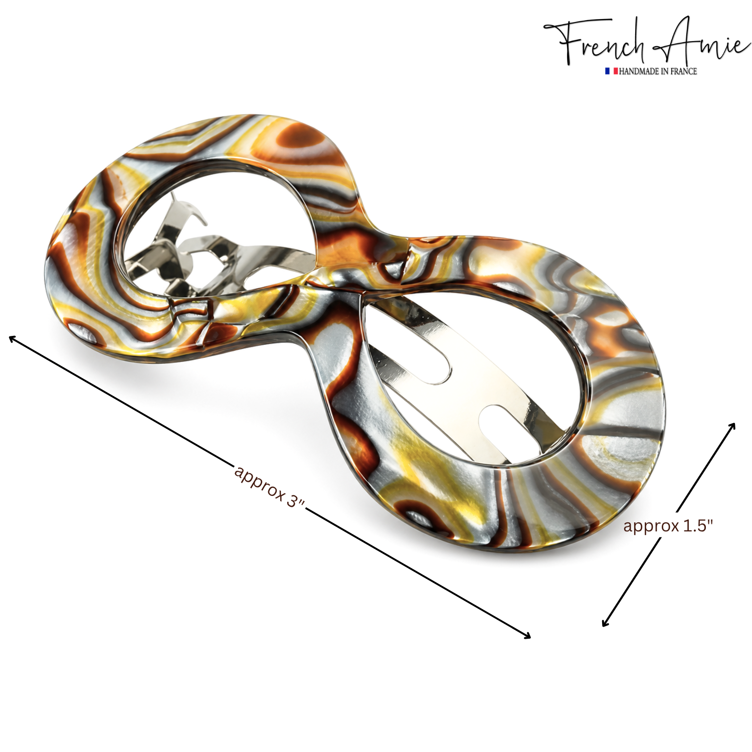 French Amie Infinity Loop Medium Hair Barrette 3" Cellulose Handmade Women Clip