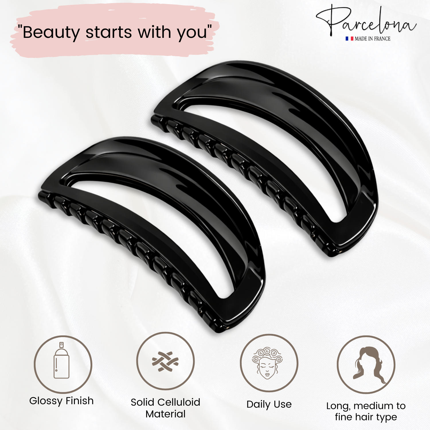 Parcelona French Thin Arch Cutout Medium 3" Hair Claw Clips for Women Set of 2