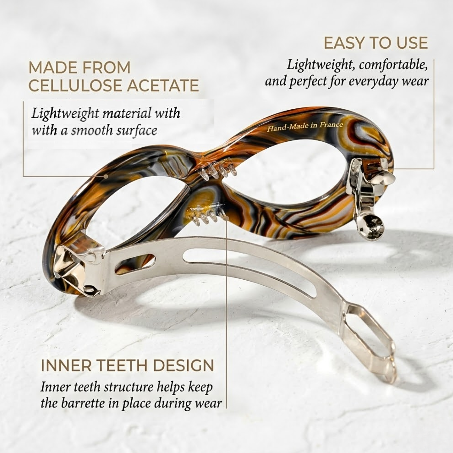 French Amie Infinity Loop Medium Hair Barrette 3" Cellulose Handmade Women Clip