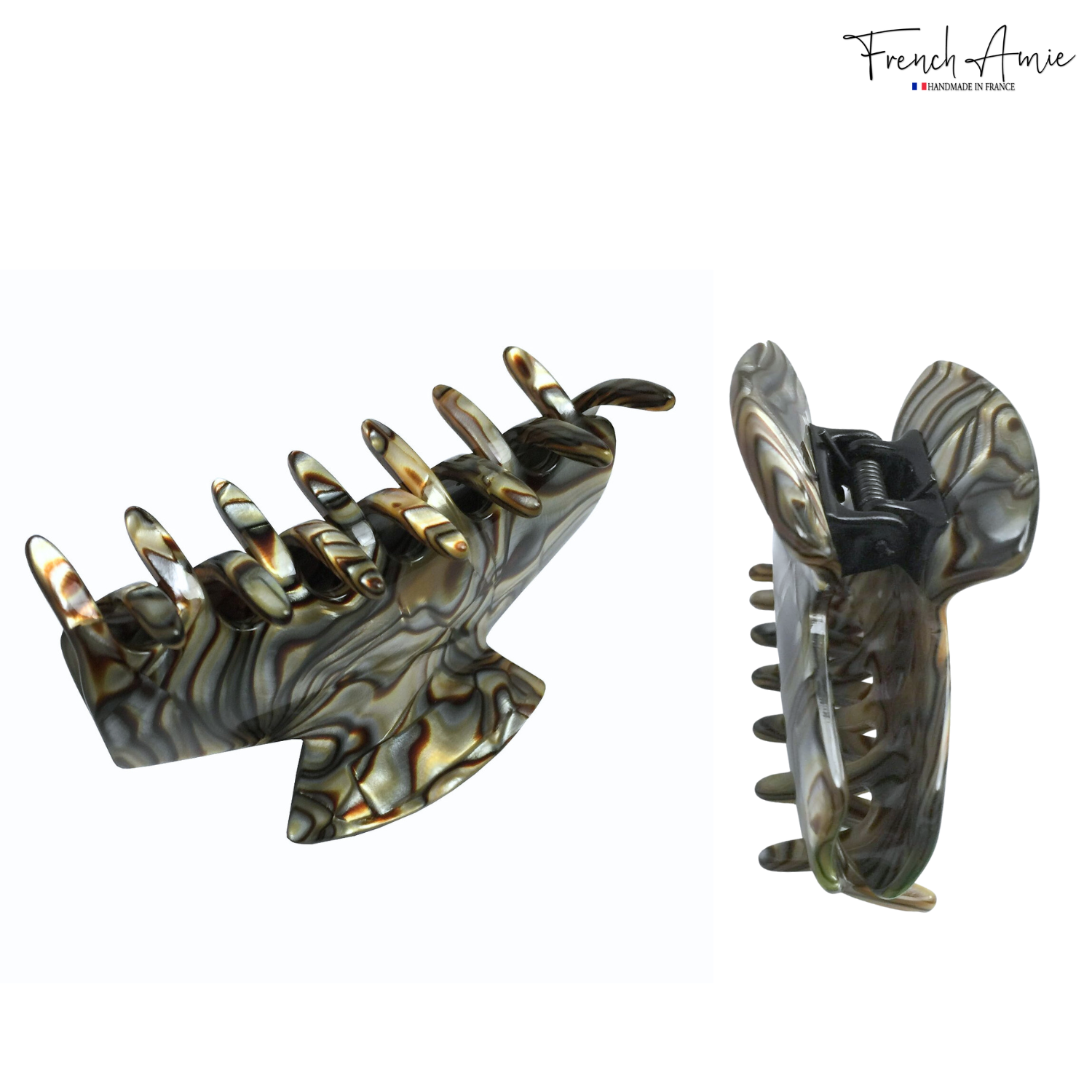 French Amie Chic Onyx Grey Handmade Cellulose Large Jaw Hair Claw Clip Clutcher