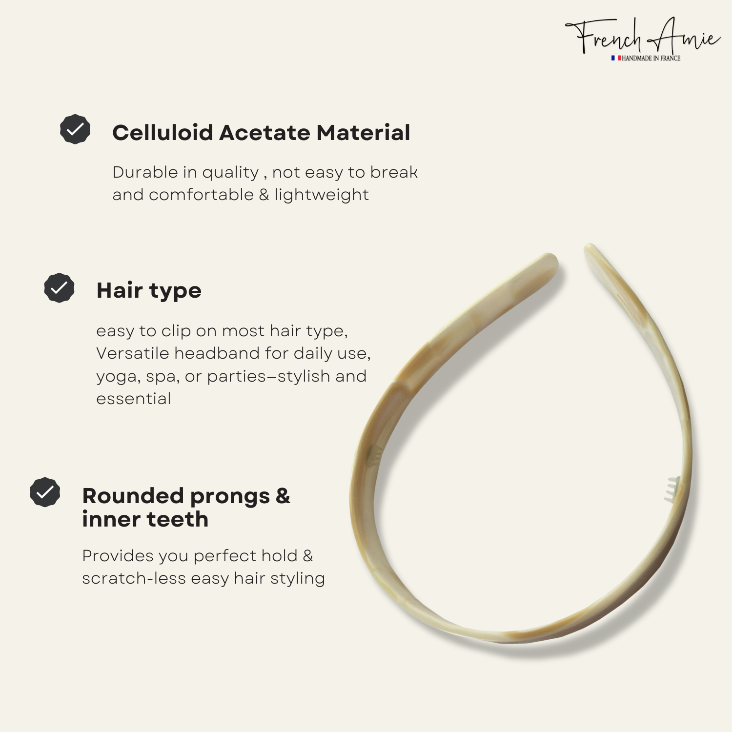 French Amie Handmade 1/2" Cellulose Non Brittle Hair Headband for Girls