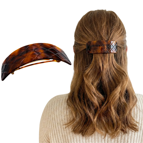 French Amie Wide Quilted Rectangular Barrette 3.5" Handmade Cellulose Acetate Hair Clip