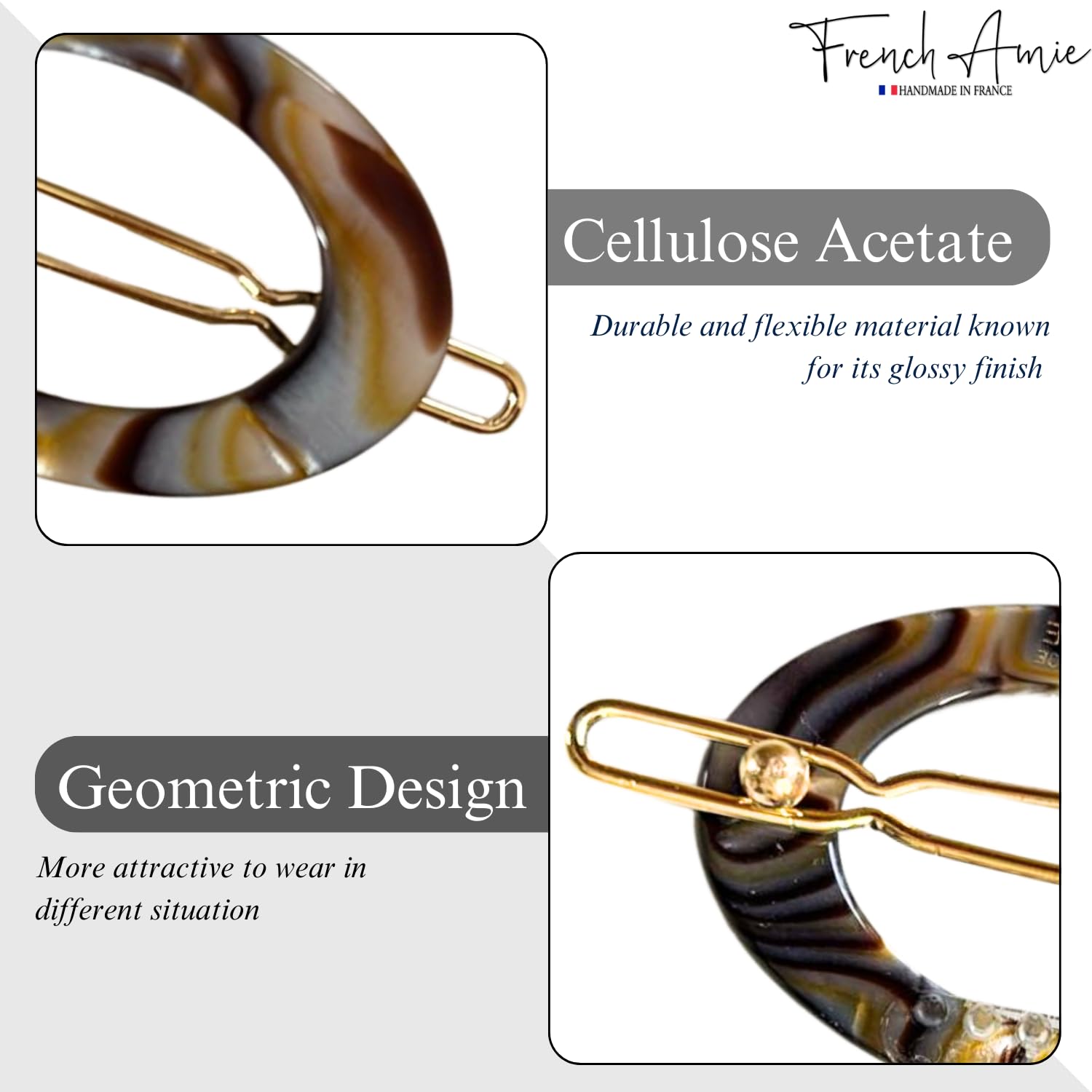 French Amie Oval Hoop Small 1 1/4” Celluloid Handmade Hair Barrette Clips(2 Pcs)