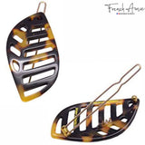French Amie Leaf Small Tokyo & Onyx Handmade Barrette Snap on Hair Pin Clip