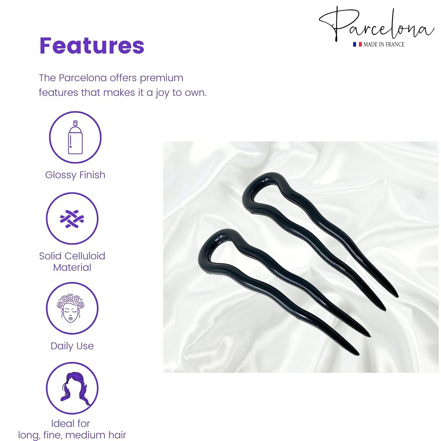 Parcelona French Mystic Large 3" Cellulose Chignon U Shaped Hair Pins(Set of 3)