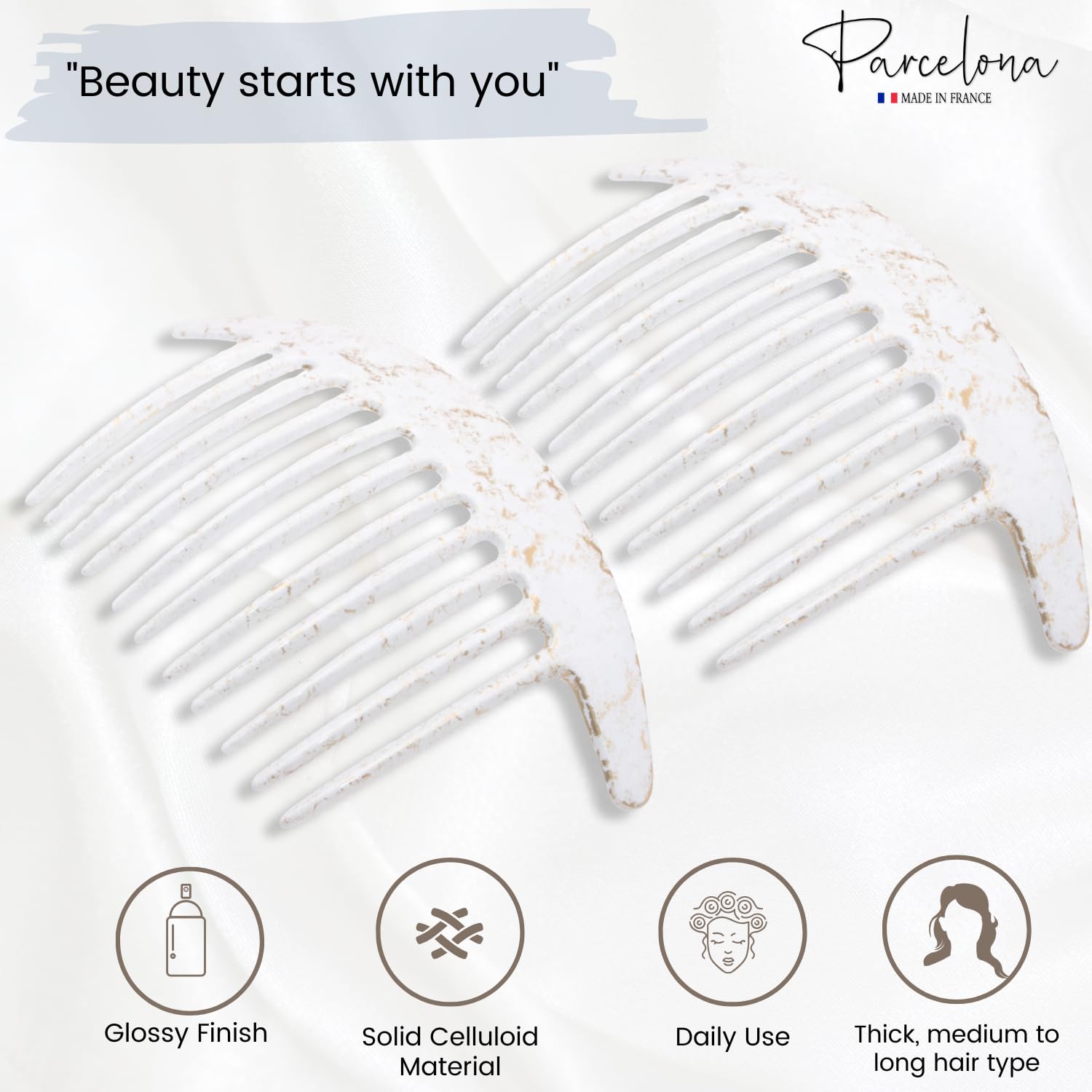 Parcelona French Tapered Edge 11 Teeth Side Hair Combs for Women & Girls (2Pcs)