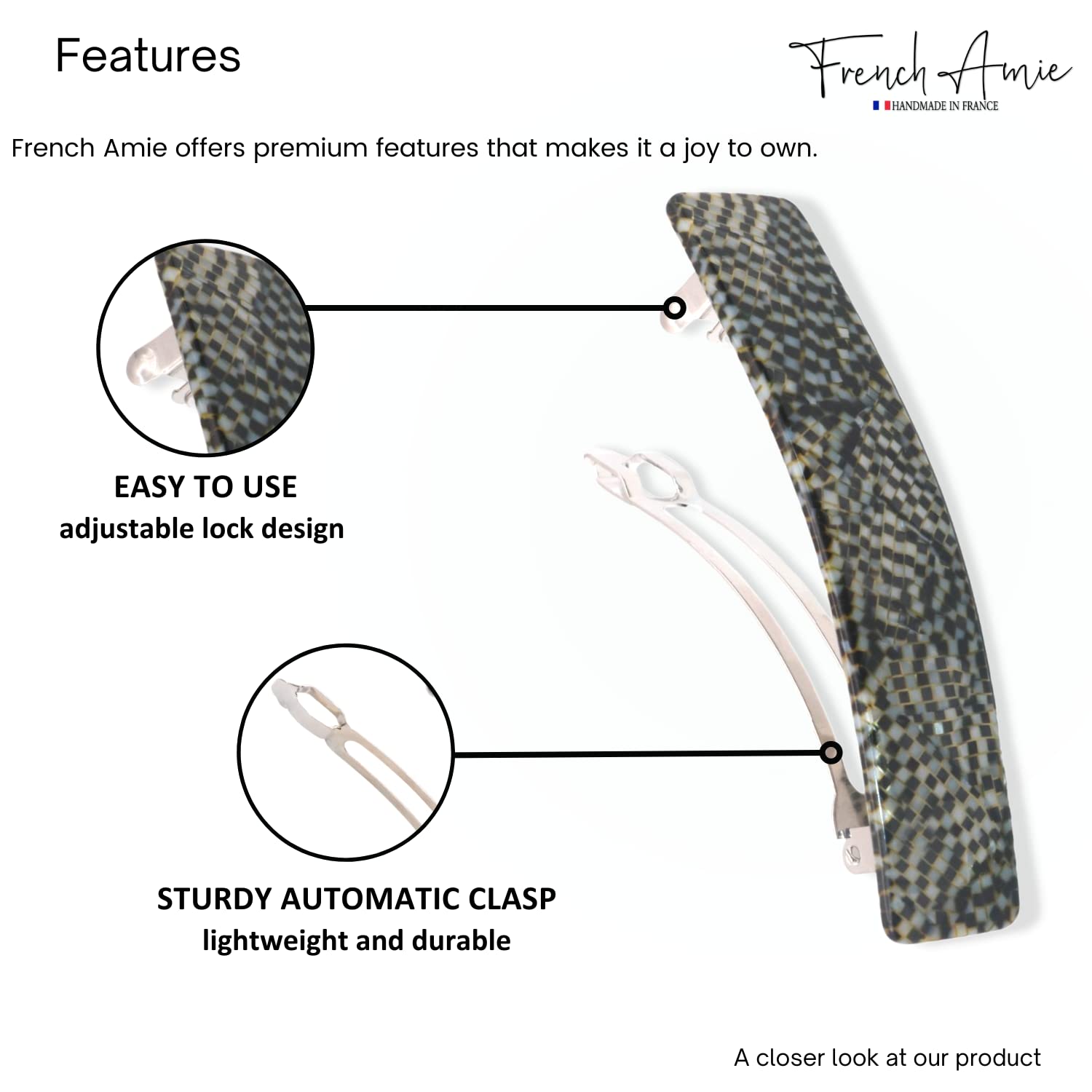 French Amie Oblong 3 1/2" Cellulose Handmade Automatic Hair Barrette for Women