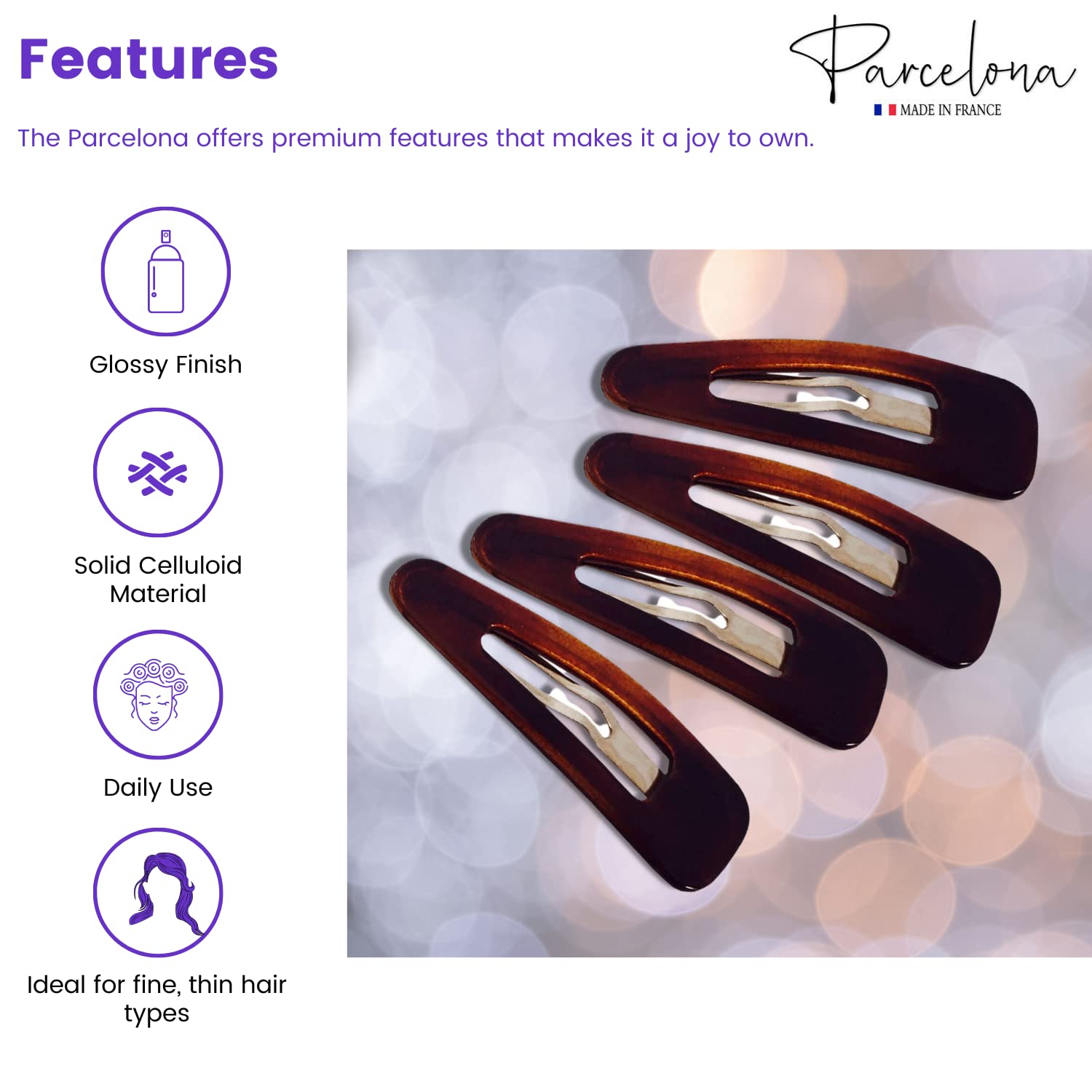 Parcelona French Small Tortoise Shell Celluloid Snap Hair Pins for Women(4 Pcs)
