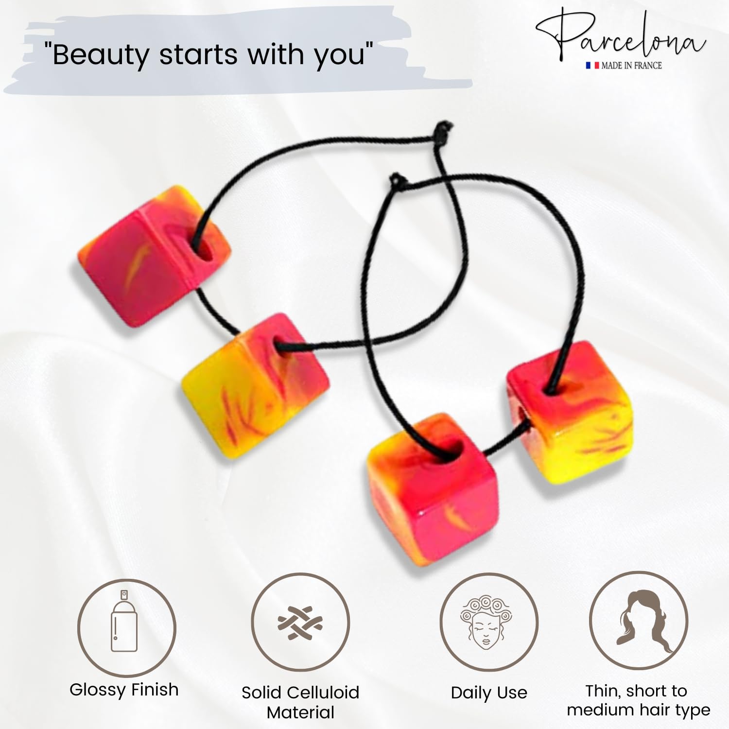 Parcelona French Twin Cube Small Celluloid Acetate Elastic Hair Ties (2 Pcs)